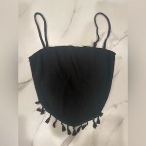 Black Crop Top With Tassels & Hem Fringe